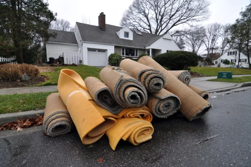 old carpet pile on the curb of a home